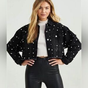 Black Pearl-Embellished Denim Jacket